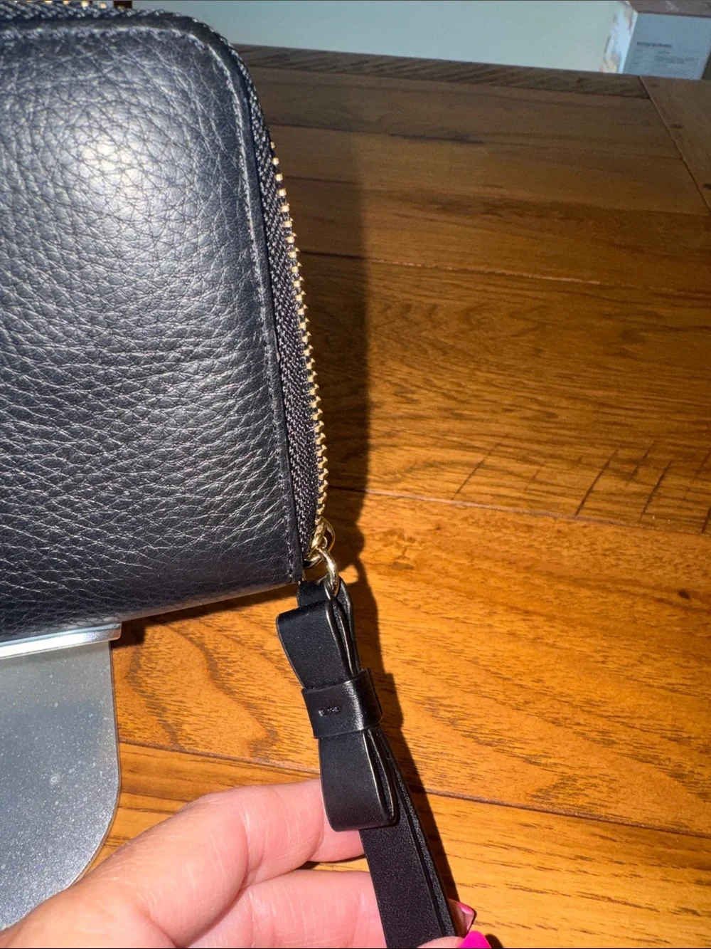Kate Spade Black Pebbled Leather Zip-Around Wallet with Gold Spade Logo